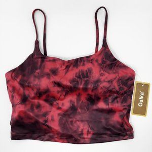 New Oalka Women Small Crop Tank Top Sports Bra Red & Black Tie Dye Yoga Athletic